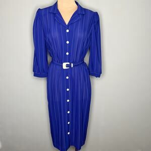 70s New Raves Shirt Dress 9/10 Womens Blue Belted Midi Vintage Stripe 80s USA